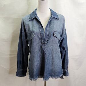 Rosa Cha Blue Chambray Fringe Pullover Tunic Size Small